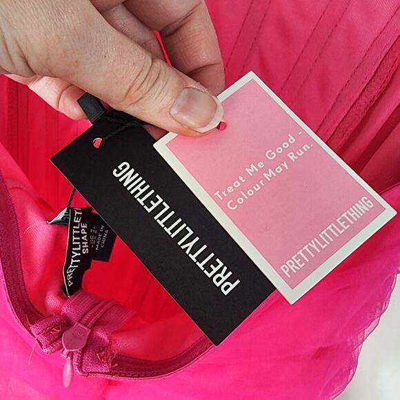 NWT Pretty Little Thing Bright Neon Pink Mini Dress Size 4 Boning Ruching Y2K - Picture 5 of 9